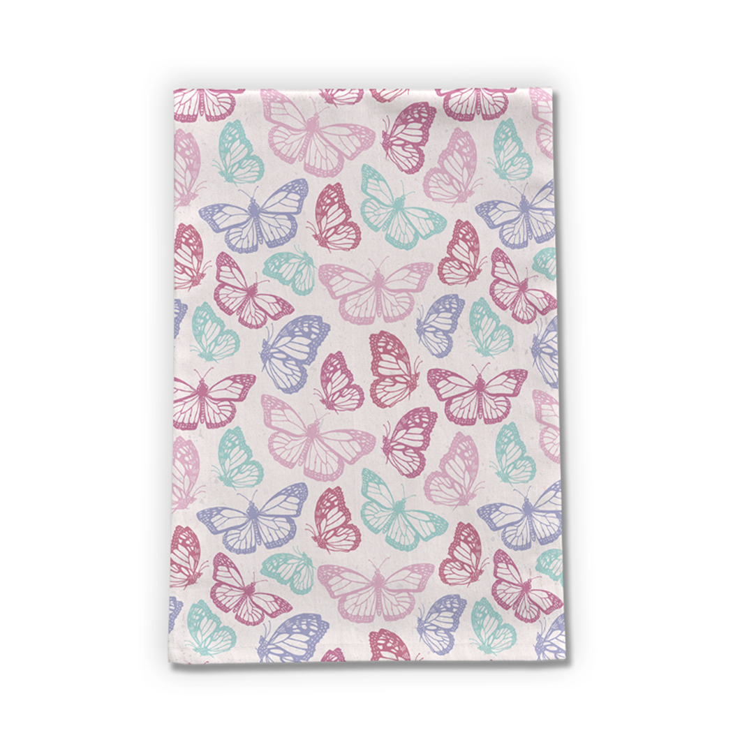 A vibrant pink tea towel featuring a butterfly design, made from durable cotton twill, perfect for kitchen use.