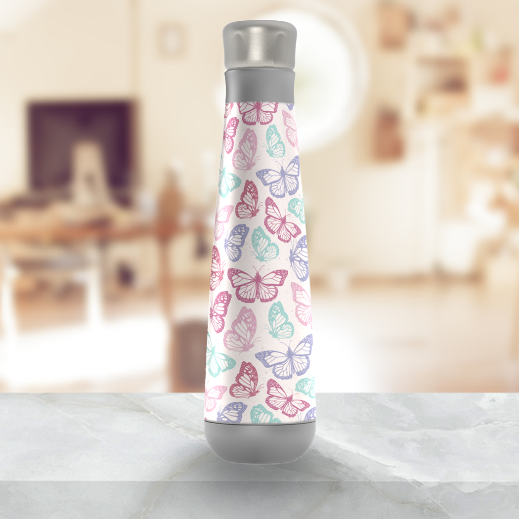 A stylish pink stainless steel water bottle featuring a butterfly design, perfect for hydration on the go.