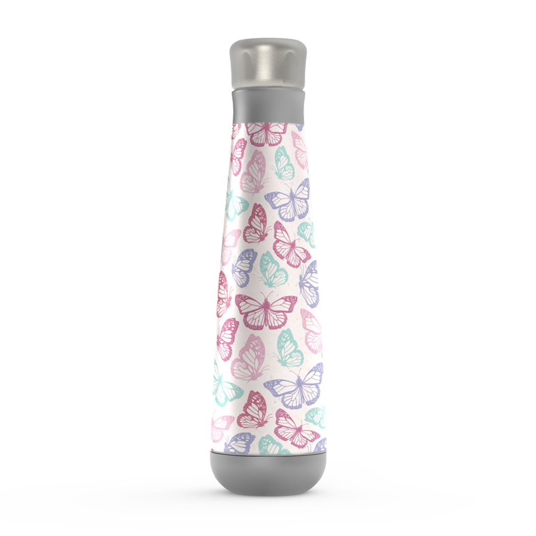 A stylish pink stainless steel water bottle featuring a butterfly design, perfect for hydration on the go.