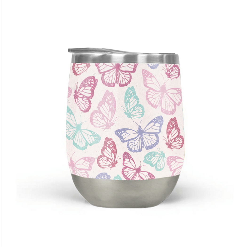 A stylish pink butterfly wine tumbler made of stainless steel, featuring a double-wall design for insulation and a plastic lid.