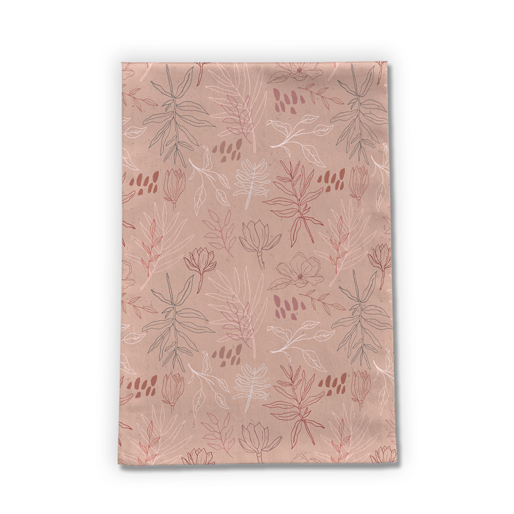 A pink tea towel featuring a desert leaf design, made from cotton twill, perfect for kitchen use.