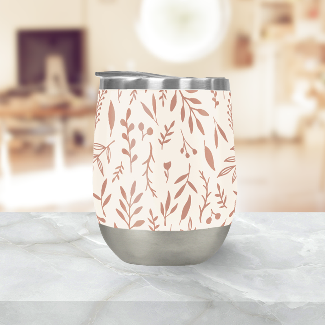 Pink Falling Leaves Wine Tumbler with double-wall insulation and a secure lid, perfect for outdoor use.