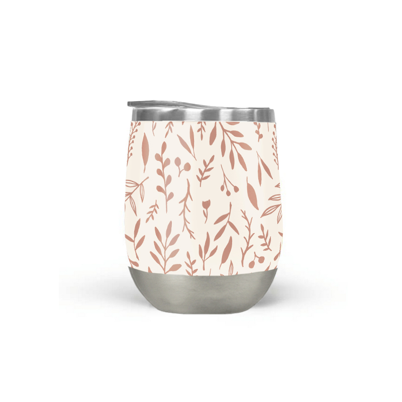 Pink Falling Leaves Wine Tumbler with double-wall insulation and a secure lid, perfect for outdoor use.