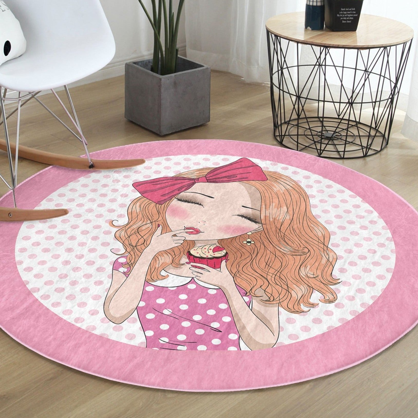 A vibrant pink round rug designed for girls' rooms, showcasing soft velvet fabric and a playful design, perfect for playrooms and bedrooms.