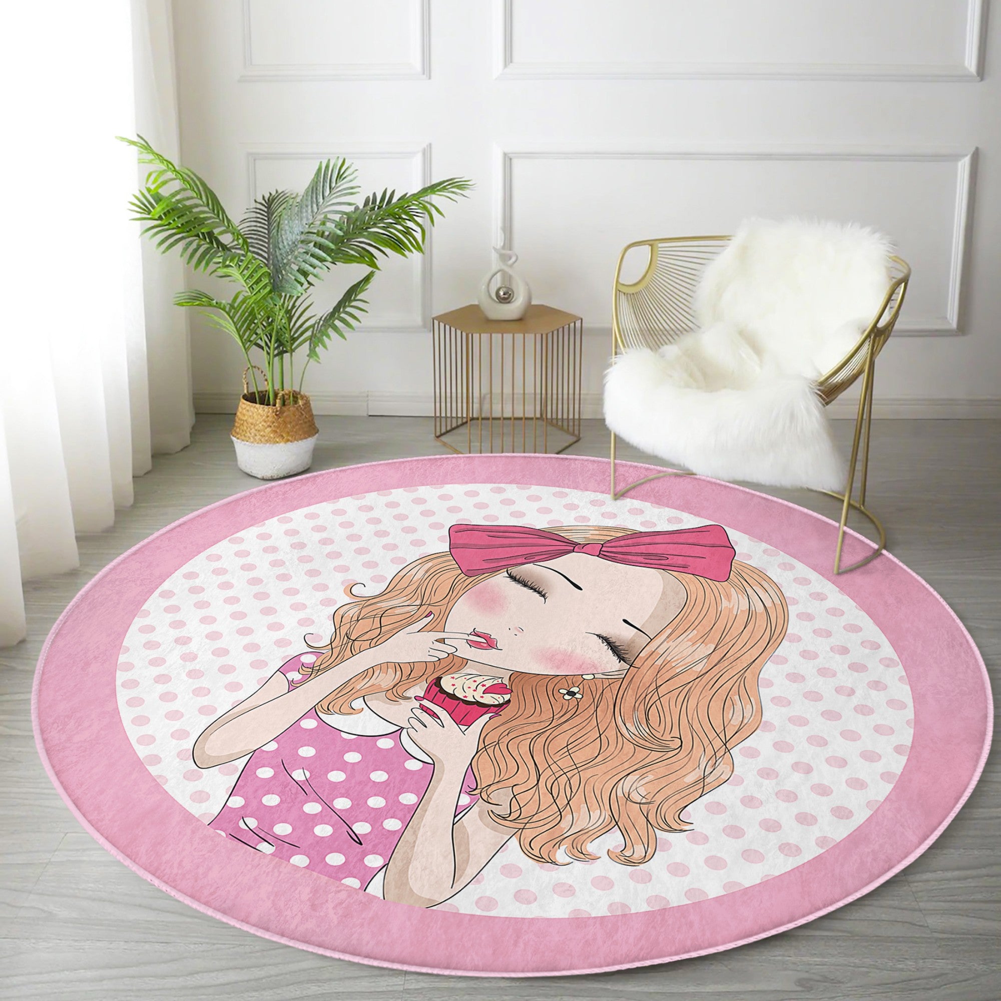 A vibrant pink round rug designed for girls' rooms, showcasing soft velvet fabric and a playful design, perfect for playrooms and bedrooms.