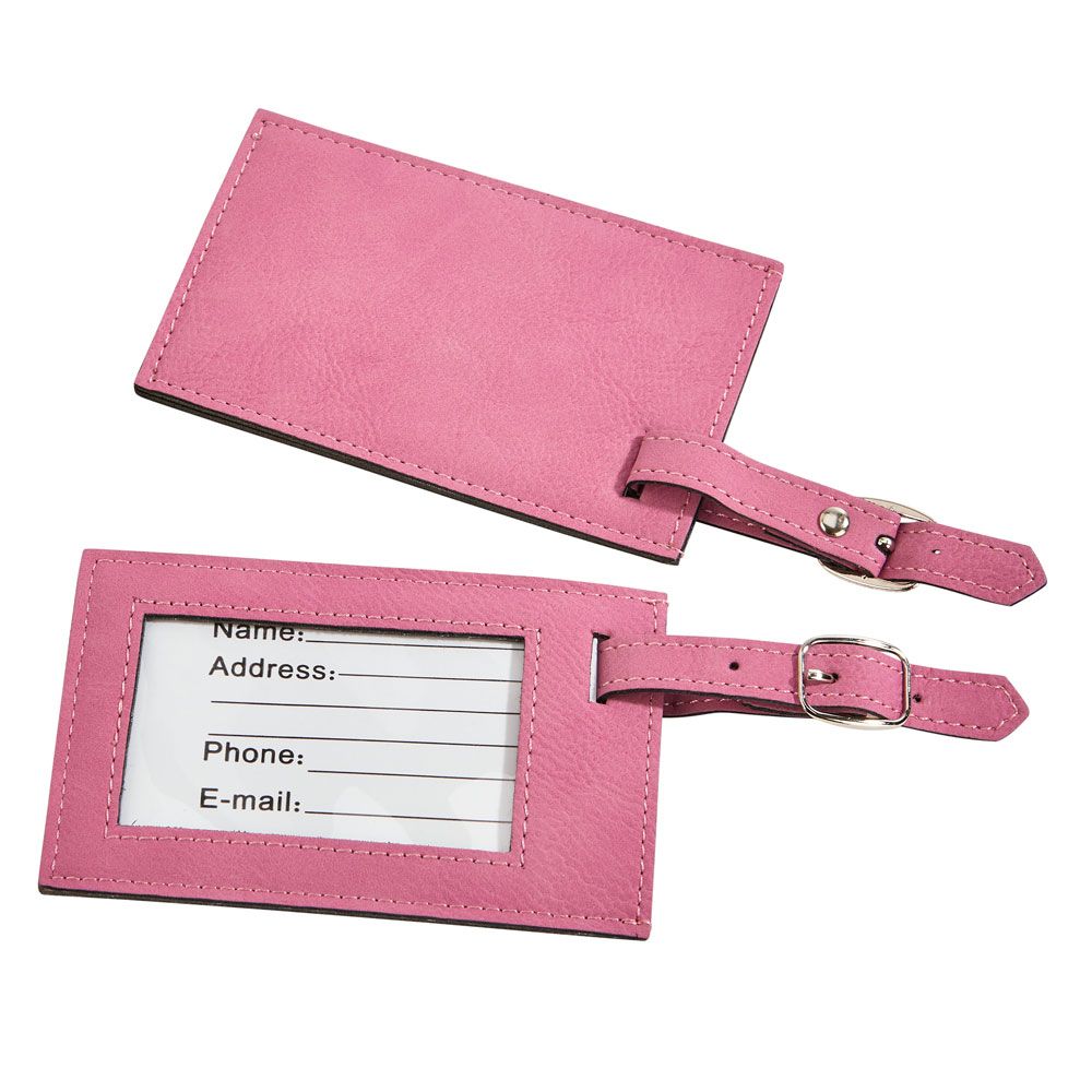 A vibrant pink leatherette luggage tag with a clear window for personal information and a buckled strap.