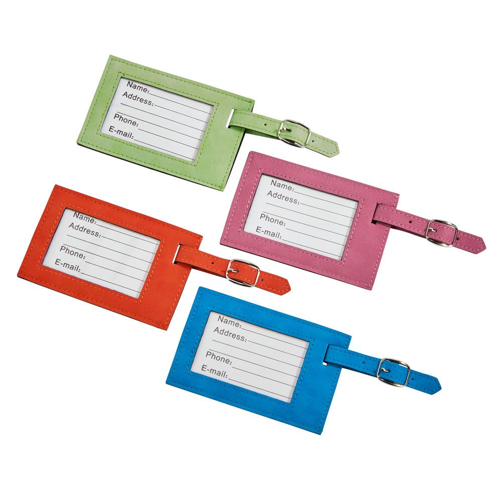 A vibrant pink leatherette luggage tag with a clear window for personal information and a buckled strap.