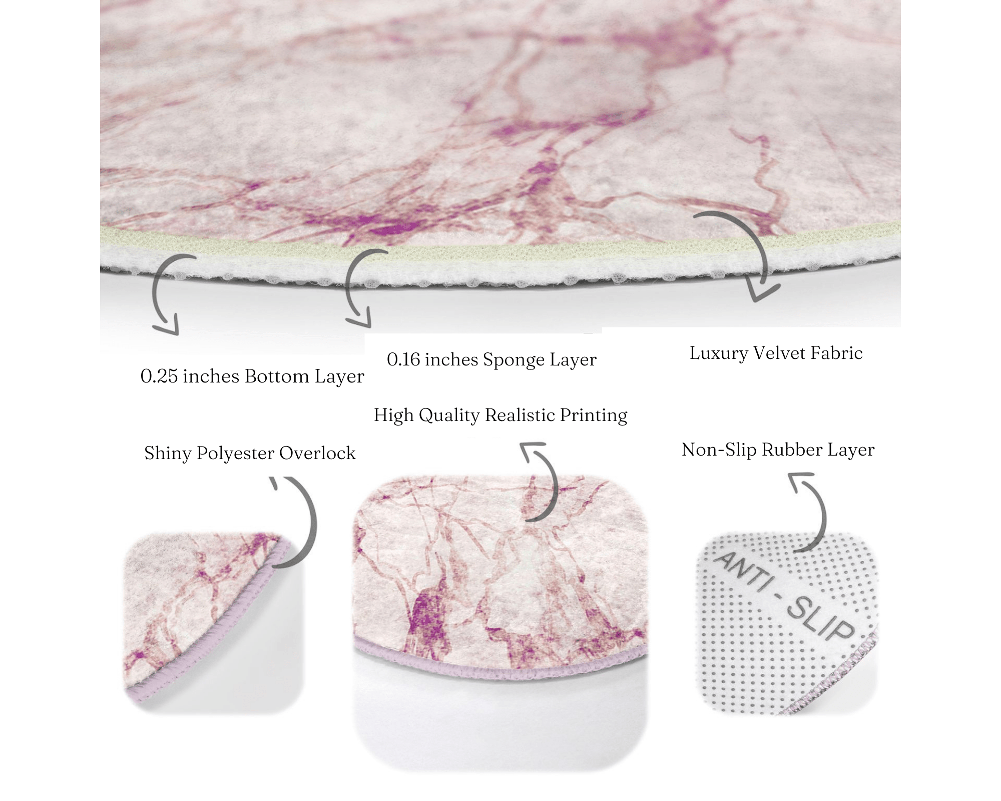 A stylish pink marble pattern round rug, perfect for home decor, showcasing a soft velvet texture and vibrant colors.