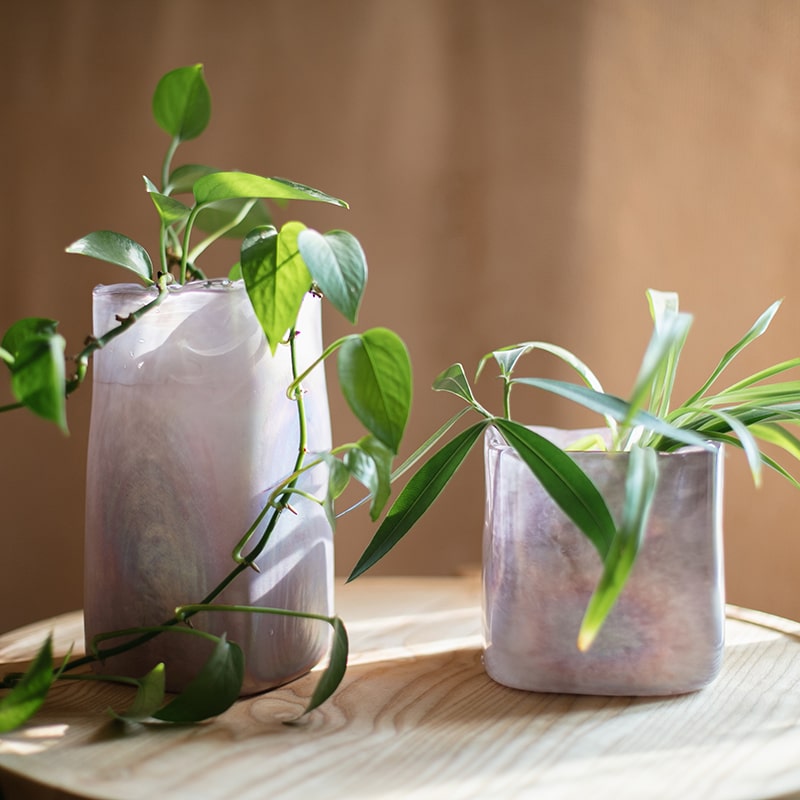 A beautiful hand-blown glass vase in pink Morandi color, showcasing unique shapes and colors, perfect for floral arrangements.