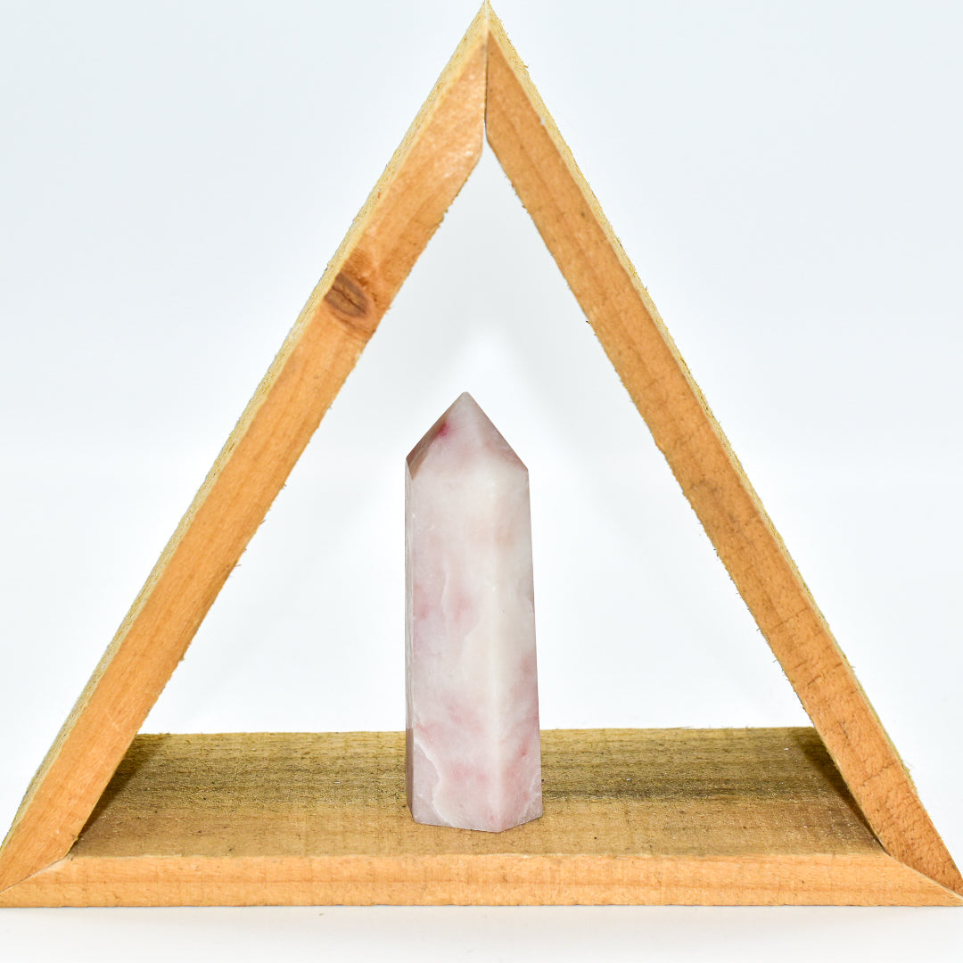 A beautiful Pink Opal Crystal Point, approximately 3-4 inches tall, showcasing its soft pink hues and natural formations.