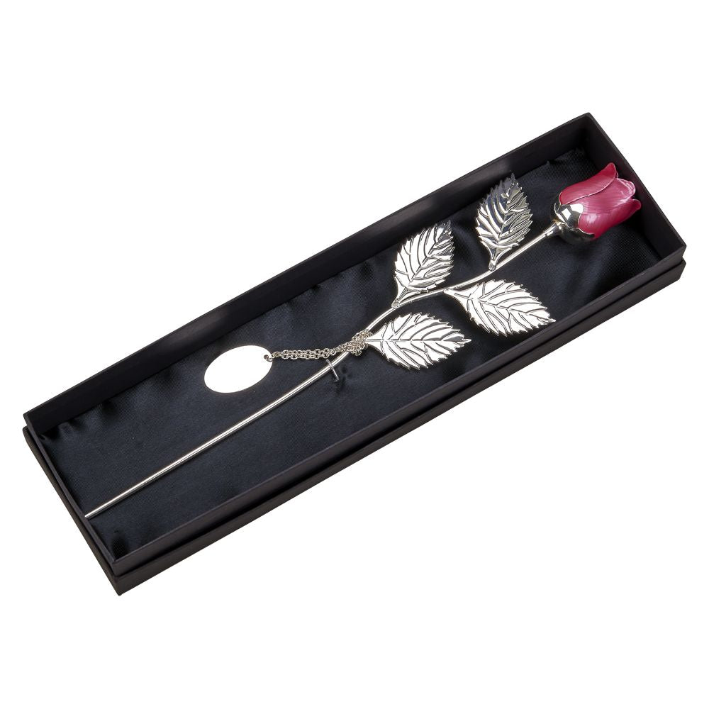 A stunning 12.75-inch silver-plated rose with a pink epoxy flower, elegantly displayed in a black satin-lined presentation box.