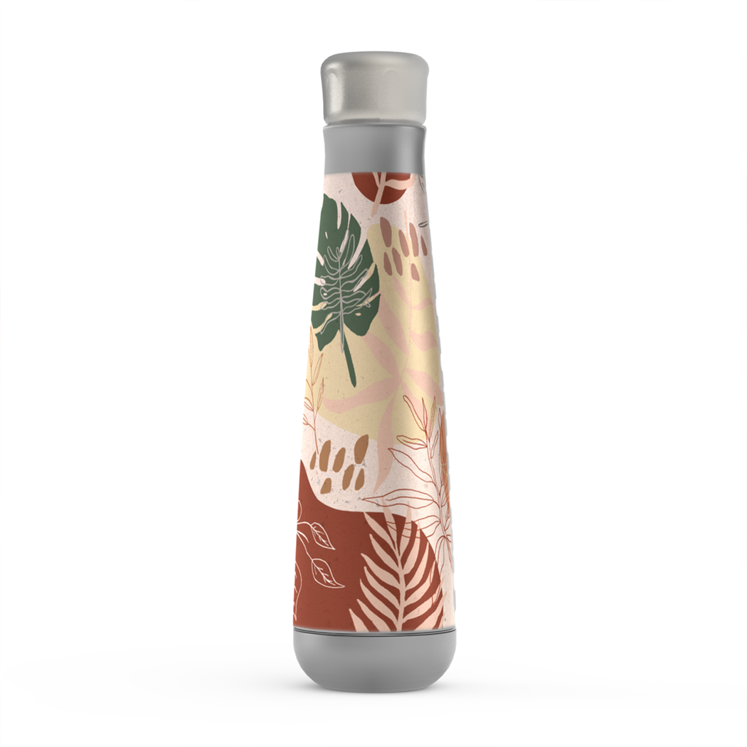 A stylish pink terracotta stainless steel water bottle with a screw-on lid, showcasing its sleek design and vacuum insulation features.