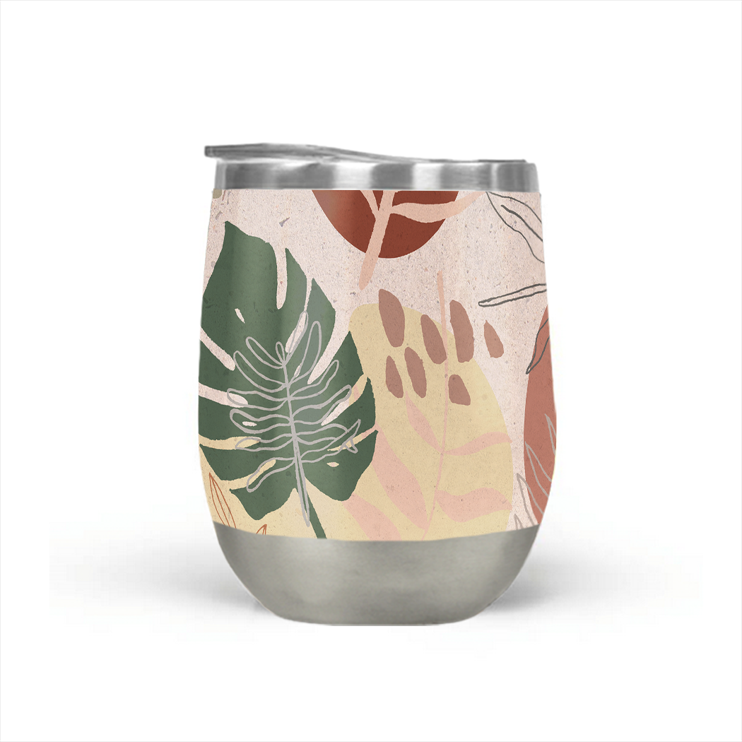 A stylish pink terracotta wine tumbler made of stainless steel, featuring a double-wall design and a plastic lid, perfect for outdoor use.