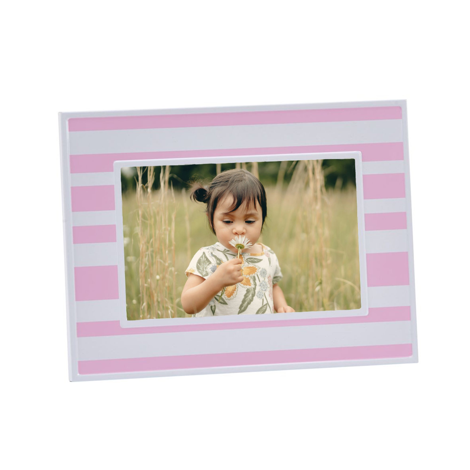 A charming pink and white striped photo frame designed for 4" x 6" photos, displayed vertically with a soft background.