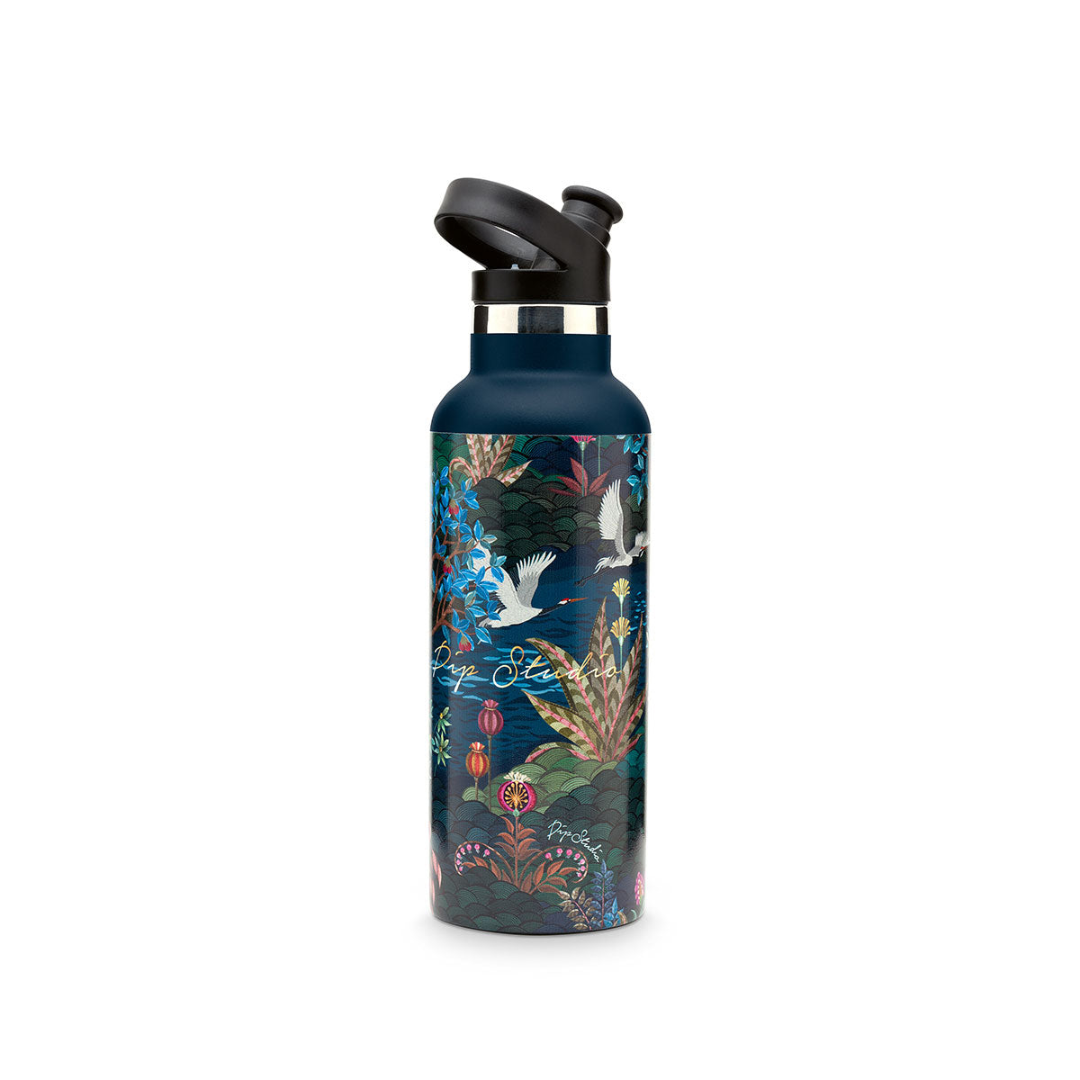 PIP Studio Angie Water Bottle in dark blue with fairy-tale tree design, 600ml capacity, made from durable metal.