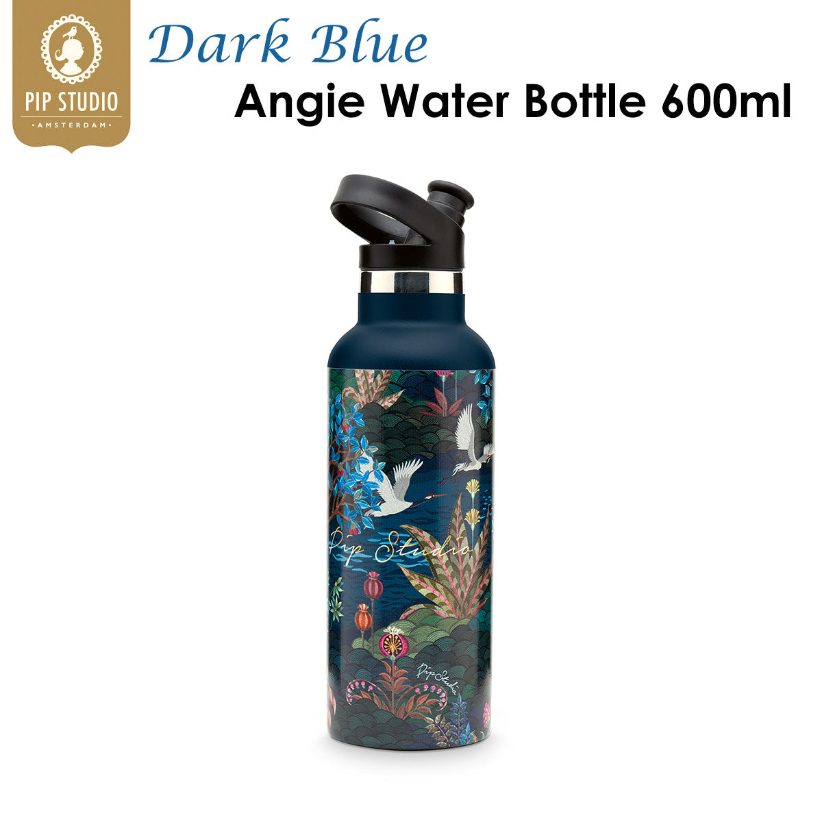 PIP Studio Angie Water Bottle in dark blue with fairy-tale tree design, 600ml capacity, made from durable metal.