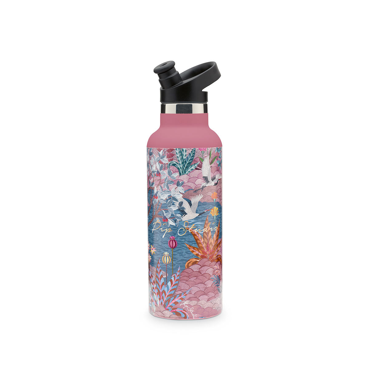 PIP Studio Angie Water Bottle in Pip Garden Pink with fairy-tale tree design, 600ml capacity, made of durable metal.