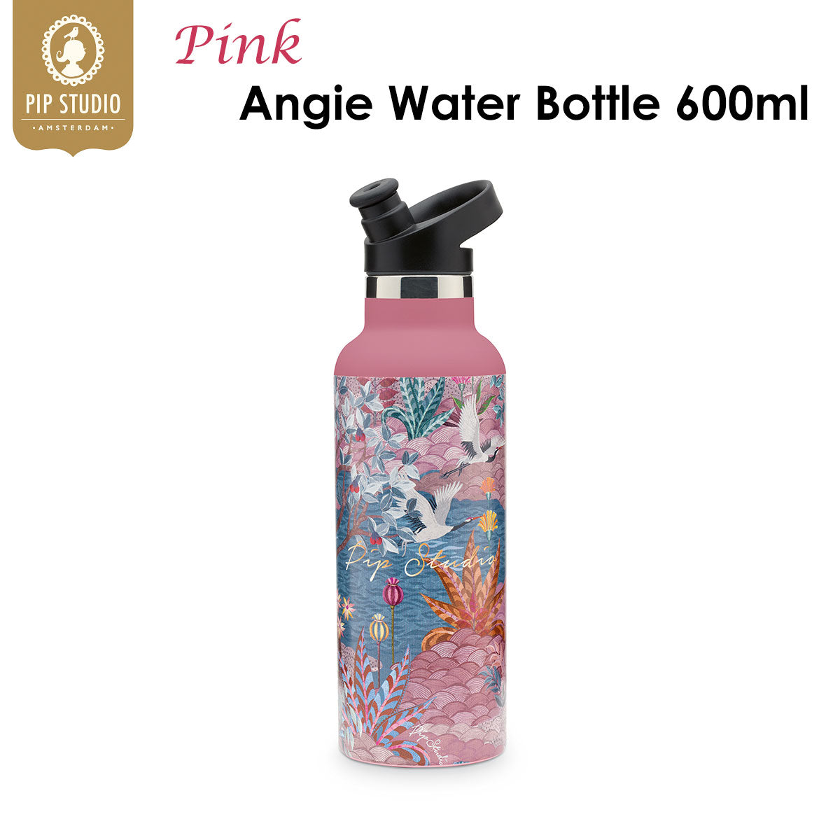 PIP Studio Angie Water Bottle in Pip Garden Pink with fairy-tale tree design, 600ml capacity, made of durable metal.