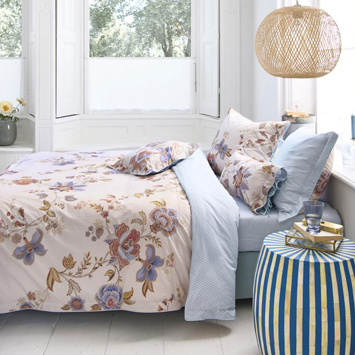 PIP Studio Cece Fiore White Cotton Quilt Cover Set featuring large floral illustrations and a luxurious design with Oxford border and colored piping.