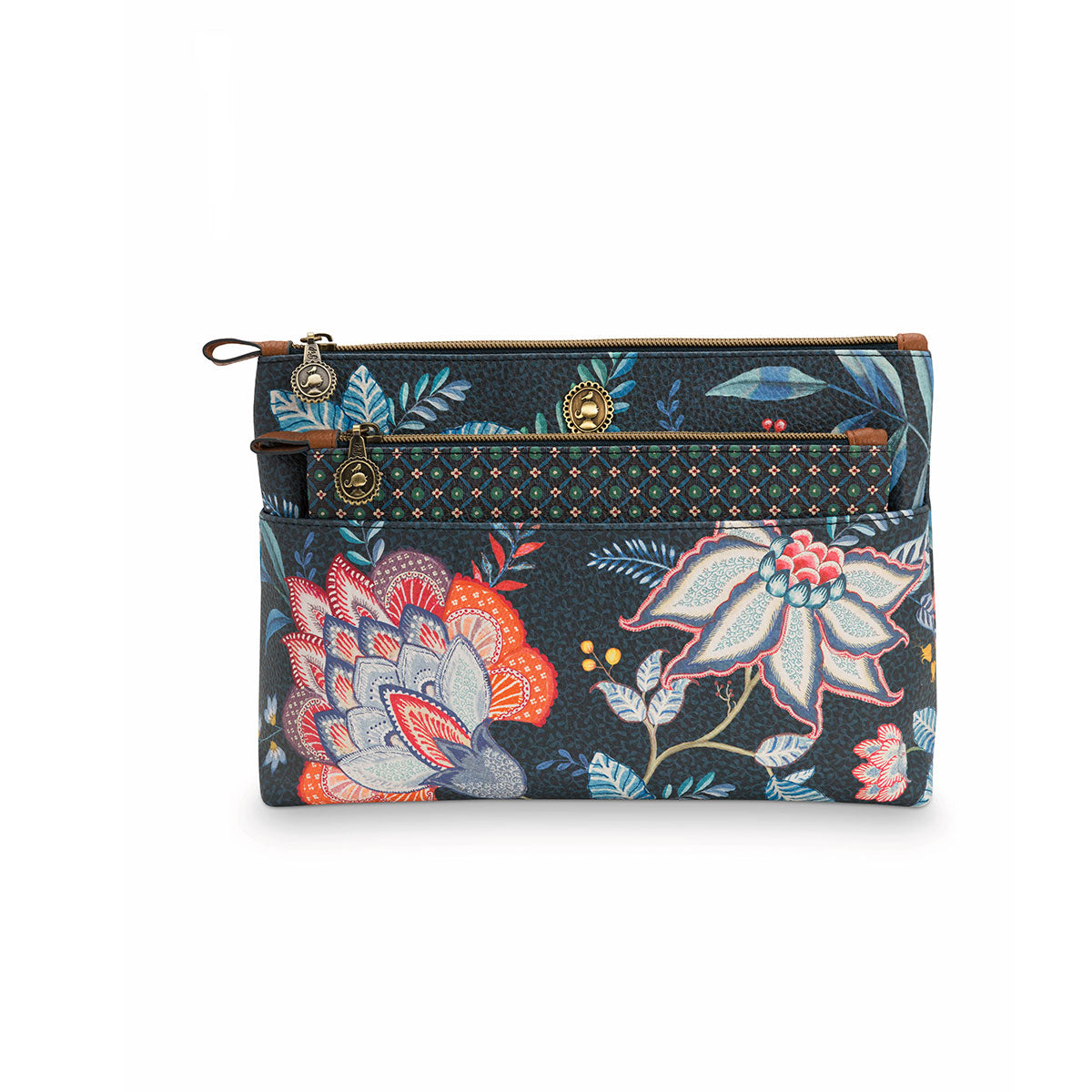 PIP Studio Combi Flower Festival Dark Blue Cosmetic Bag featuring floral design and faux leather trim.