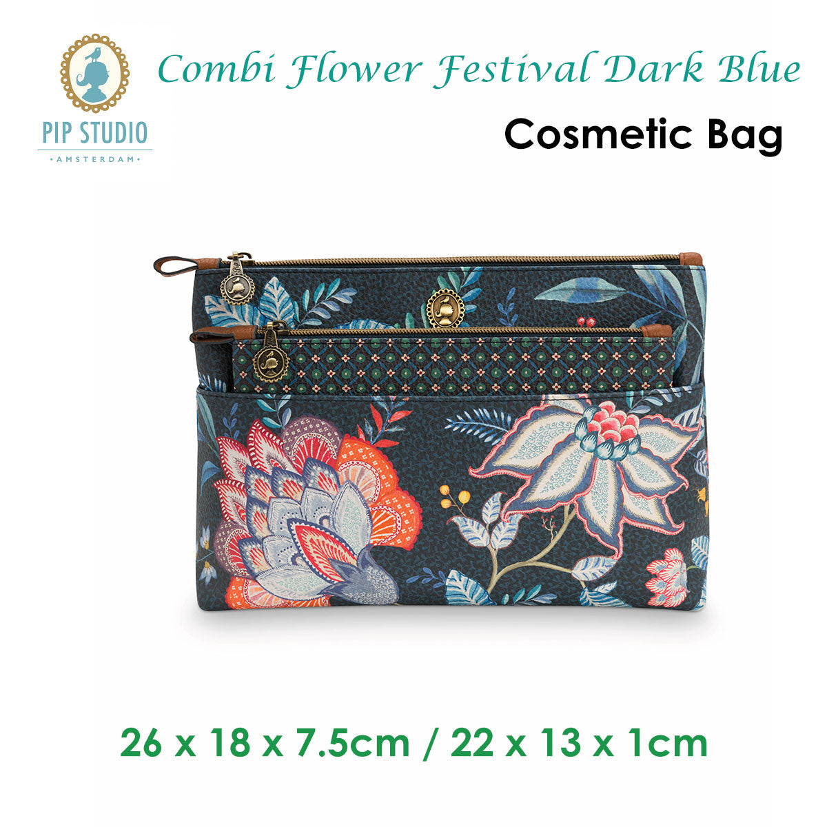 PIP Studio Combi Flower Festival Dark Blue Cosmetic Bag featuring floral design and faux leather trim.