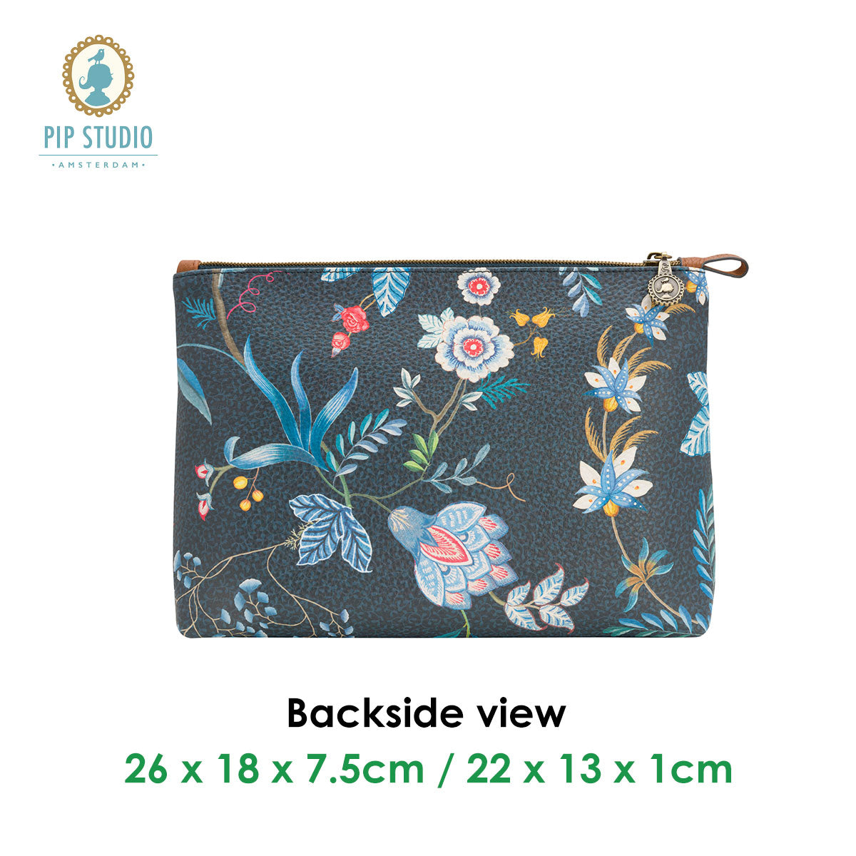 PIP Studio Combi Flower Festival Dark Blue Cosmetic Bag featuring floral design and faux leather trim.