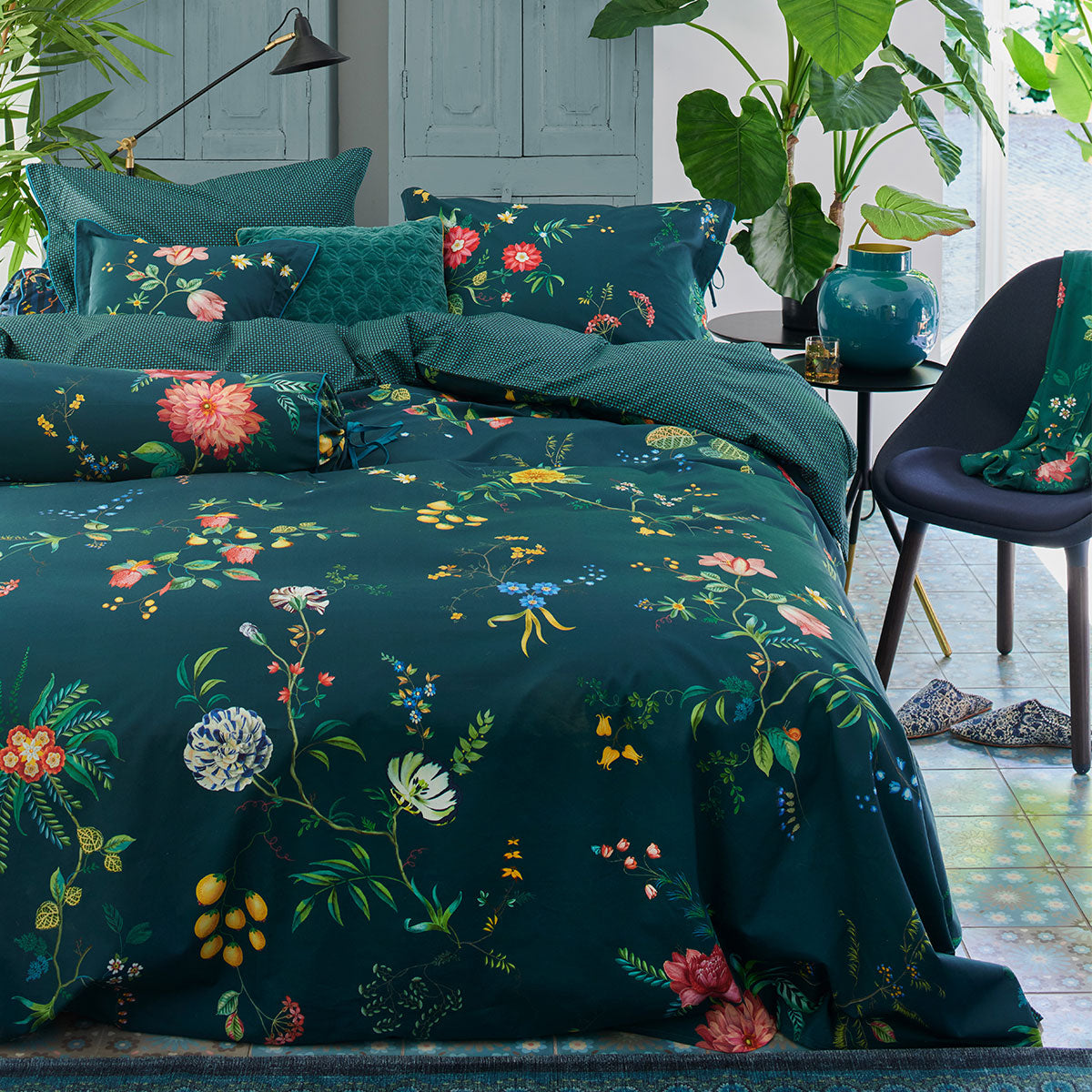 PIP Studio Fleur Grandeur Dark Blue Cotton Quilt Cover Set featuring vibrant floral designs and stylish Oxford trim.