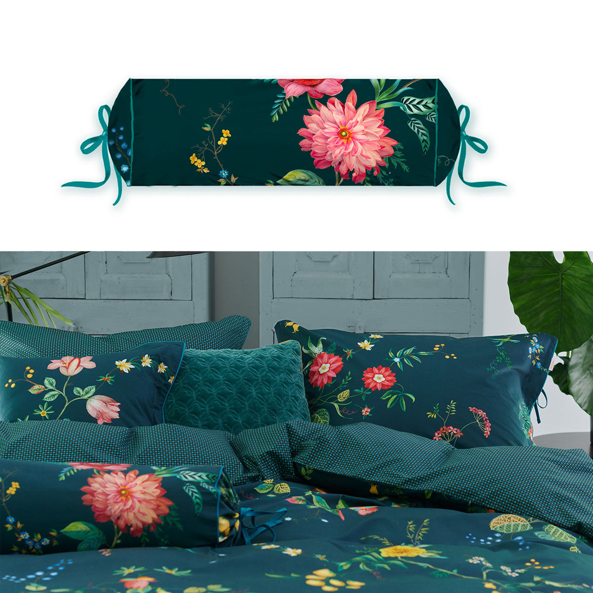 PIP Studio Fleur Grandeur Dark Blue Neck Roll Cushion with colorful floral print and tie closure, measuring 22x70 cm.