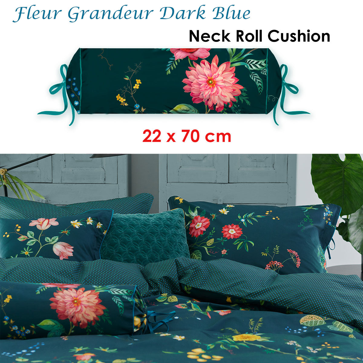 PIP Studio Fleur Grandeur Dark Blue Neck Roll Cushion with colorful floral print and tie closure, measuring 22x70 cm.