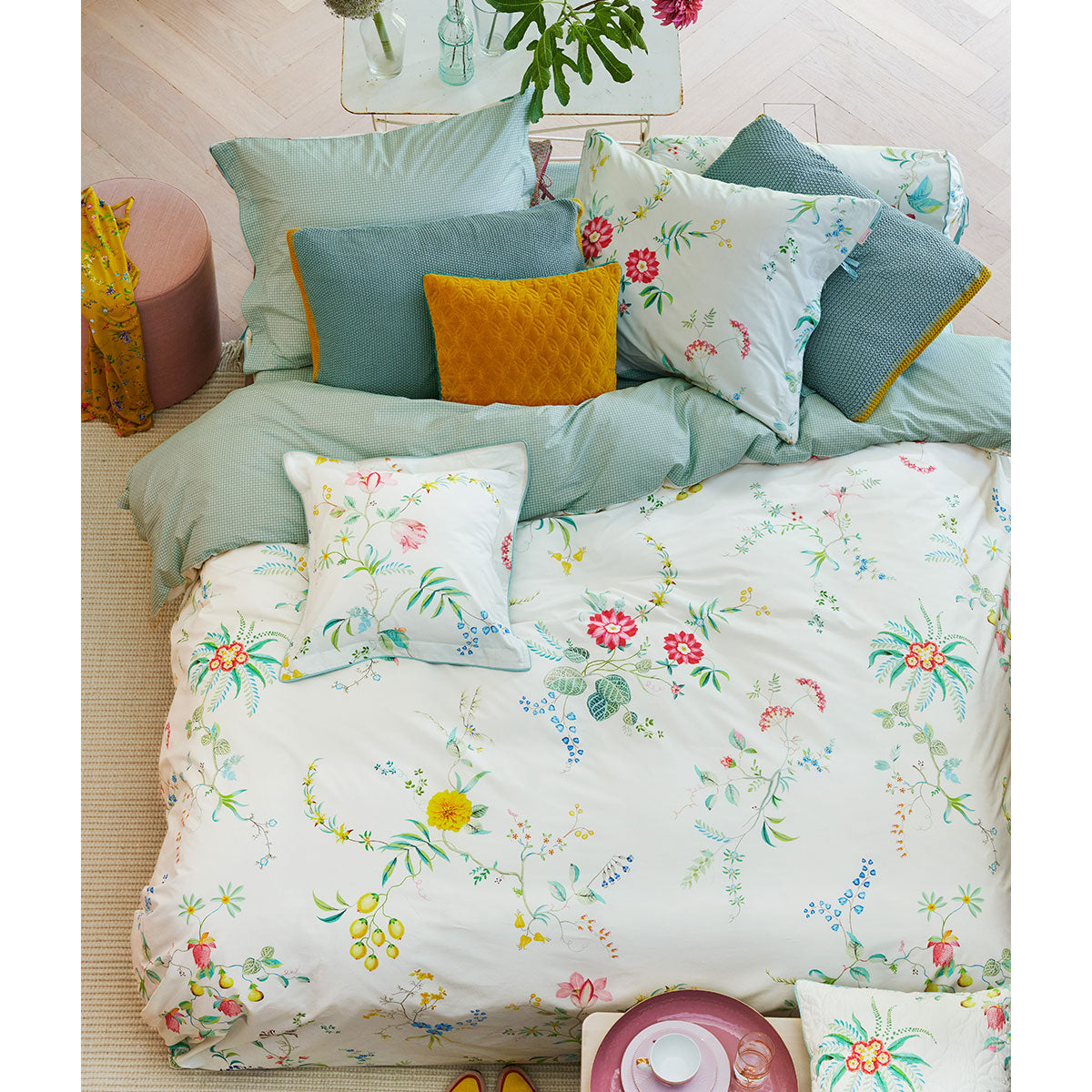 PIP Studio Fleur Grandeur White Cotton Quilt Cover Set featuring colorful floral prints and elegant design elements.