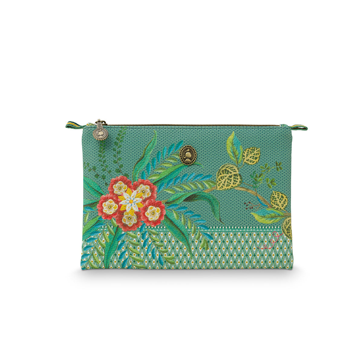 PIP Studio Fleur Mix Green Medium Cosmetic Flat Pouch featuring floral print and faux leather trim, ideal for cosmetics and travel.