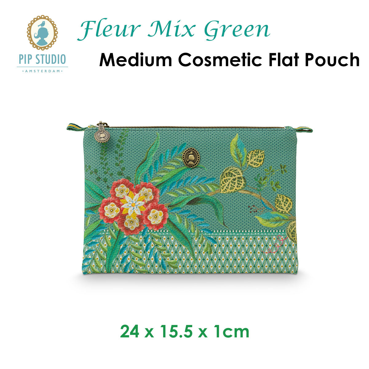 PIP Studio Fleur Mix Green Medium Cosmetic Flat Pouch featuring floral print and faux leather trim, ideal for cosmetics and travel.