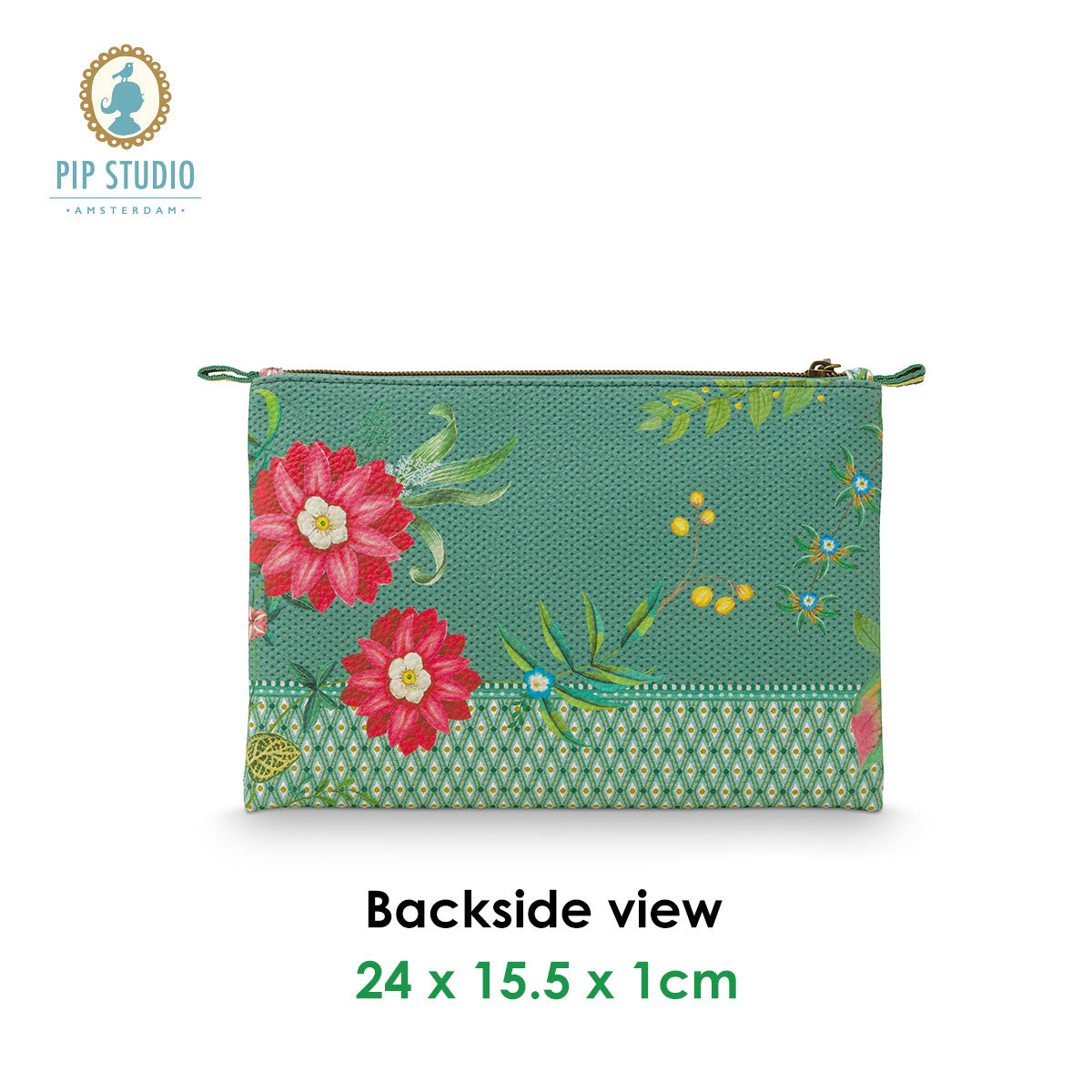 PIP Studio Fleur Mix Green Medium Cosmetic Flat Pouch featuring floral print and faux leather trim, ideal for cosmetics and travel.