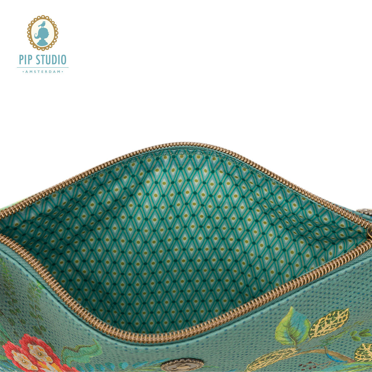 PIP Studio Fleur Mix Green Medium Cosmetic Flat Pouch featuring floral print and faux leather trim, ideal for cosmetics and travel.