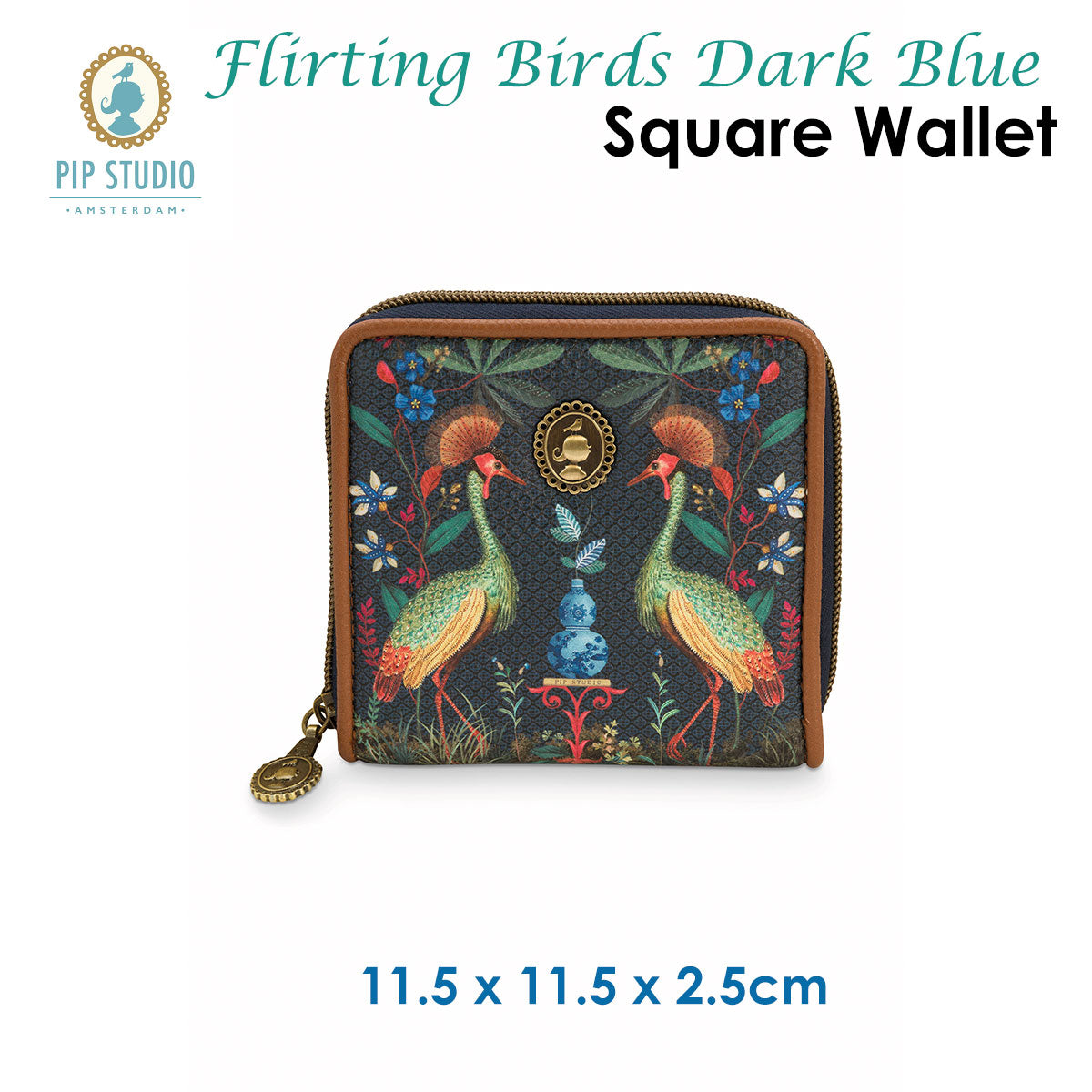 PIP Studio Flirting Birds Dark Blue Square Wallet featuring exotic plants and birds design on a dark blue background.