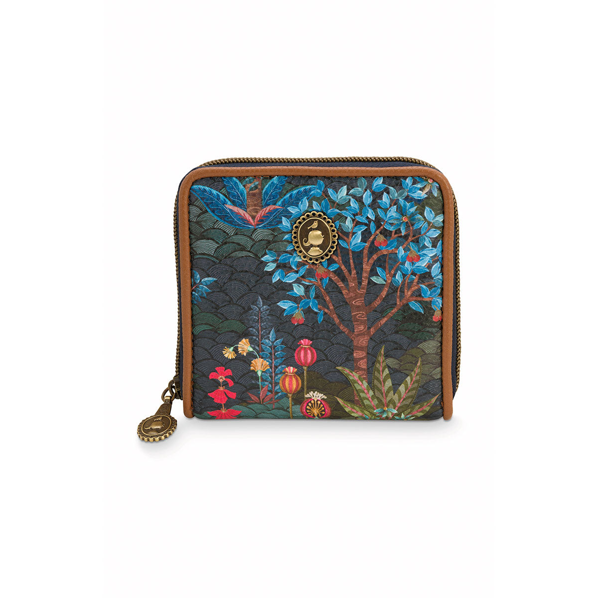 PIP Studio Garden Dark Blue Square Wallet featuring fairy-tale tree design with cranes, compact size, and geometric back print.