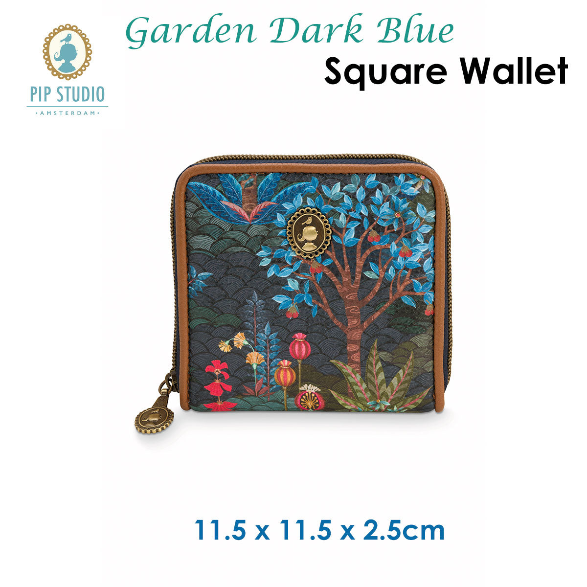 PIP Studio Garden Dark Blue Square Wallet featuring fairy-tale tree design with cranes, compact size, and geometric back print.