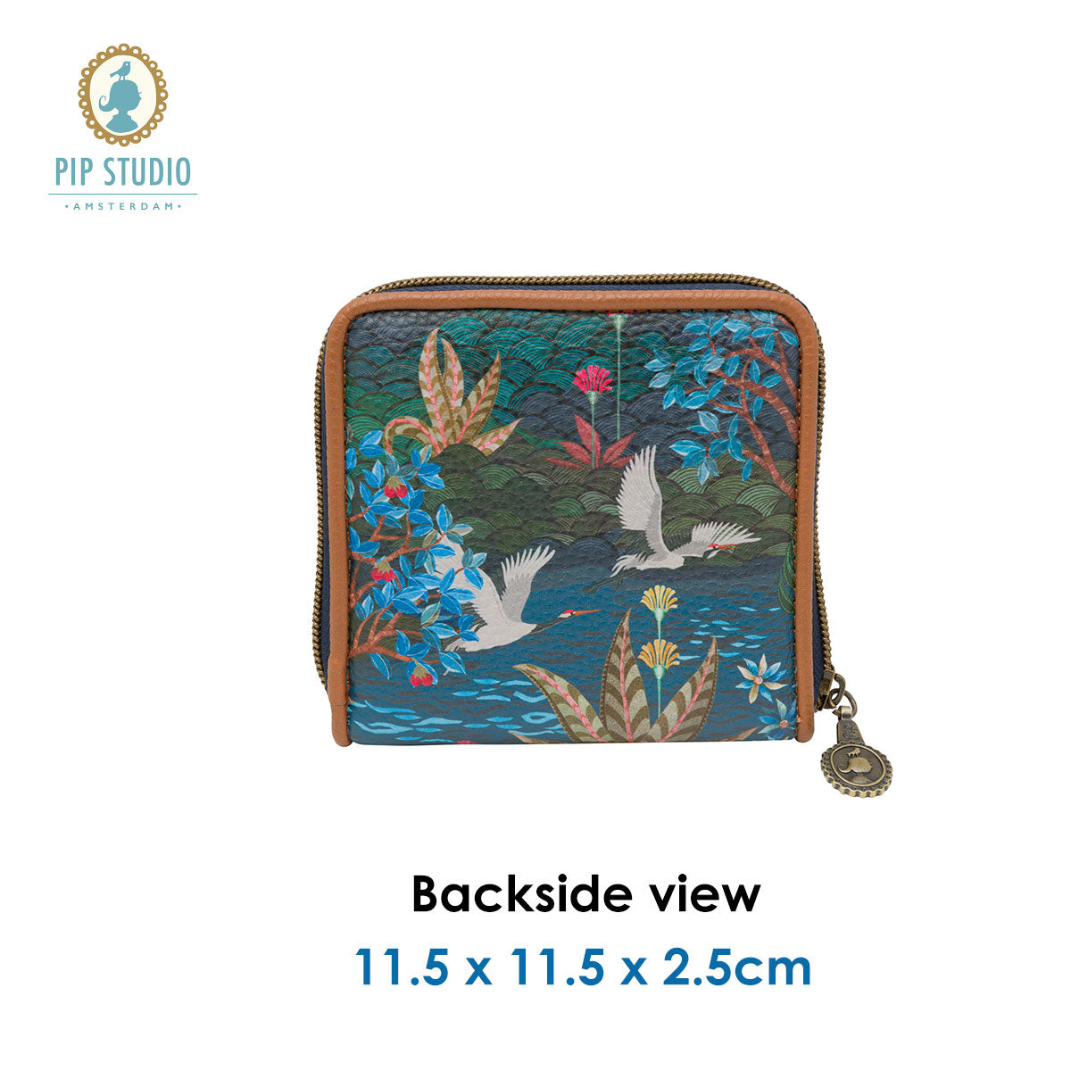 PIP Studio Garden Dark Blue Square Wallet featuring fairy-tale tree design with cranes, compact size, and geometric back print.