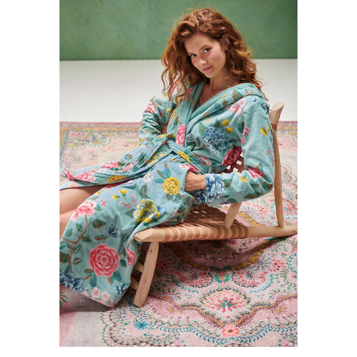 PIP Studio Good Evening Cotton Bath Robe in Green with floral design, featuring a hood and pockets.