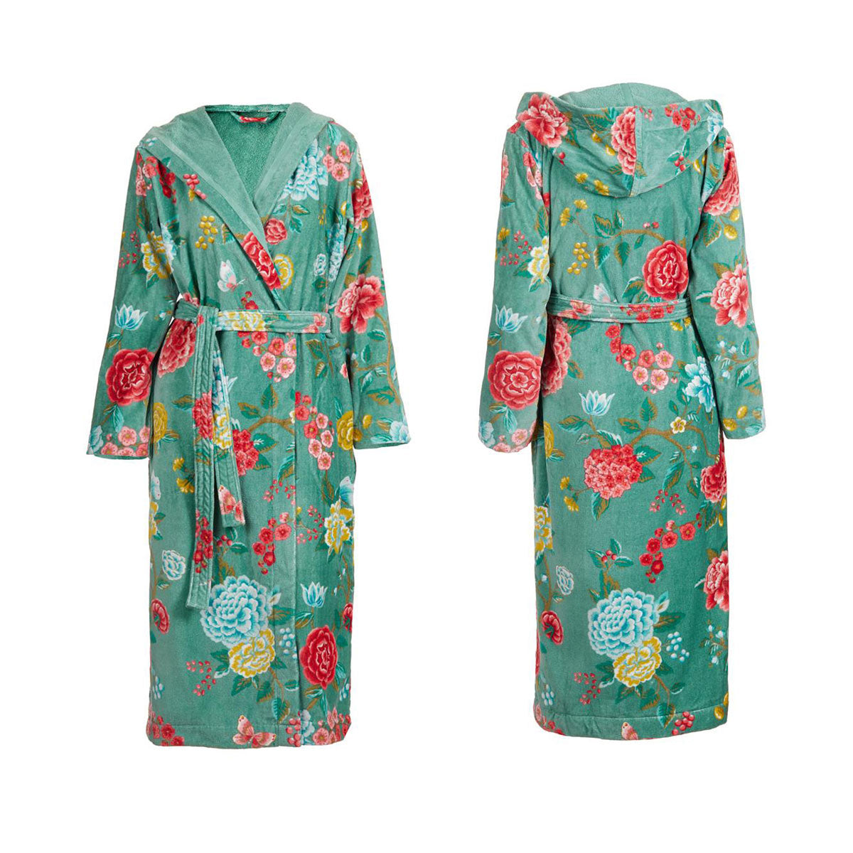 PIP Studio Good Evening Cotton Bath Robe in Green with floral print, featuring a hood, pockets, and a long belt, size XXL.