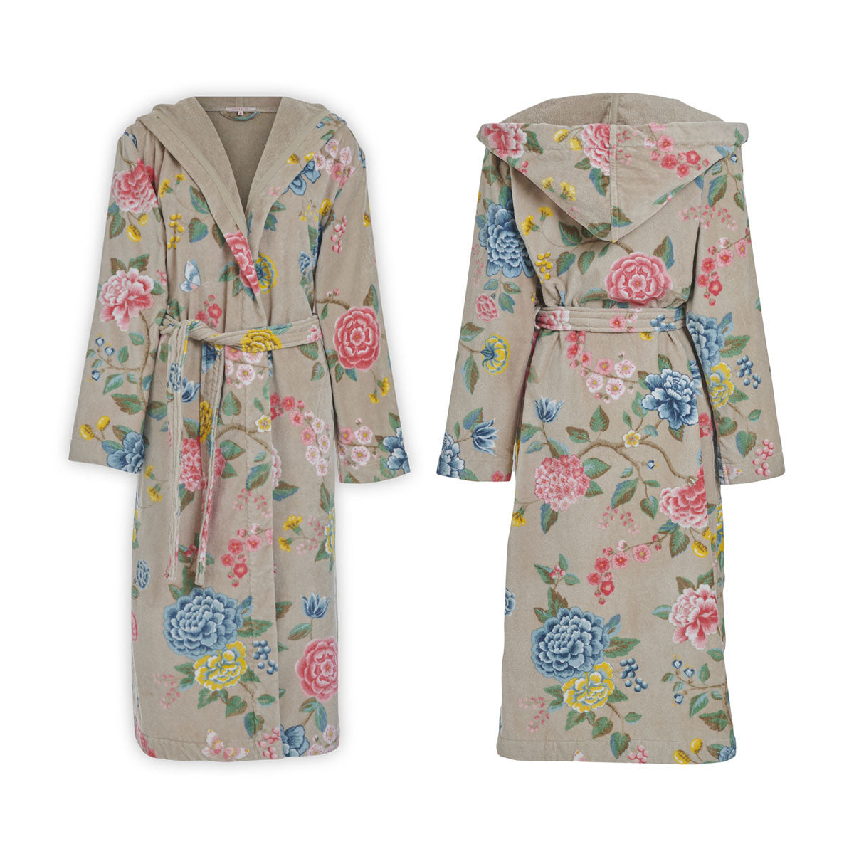 PIP Studio Good Evening Cotton Bath Robe in Khaki with floral print, featuring a tie belt, side pockets, and a cozy hood.