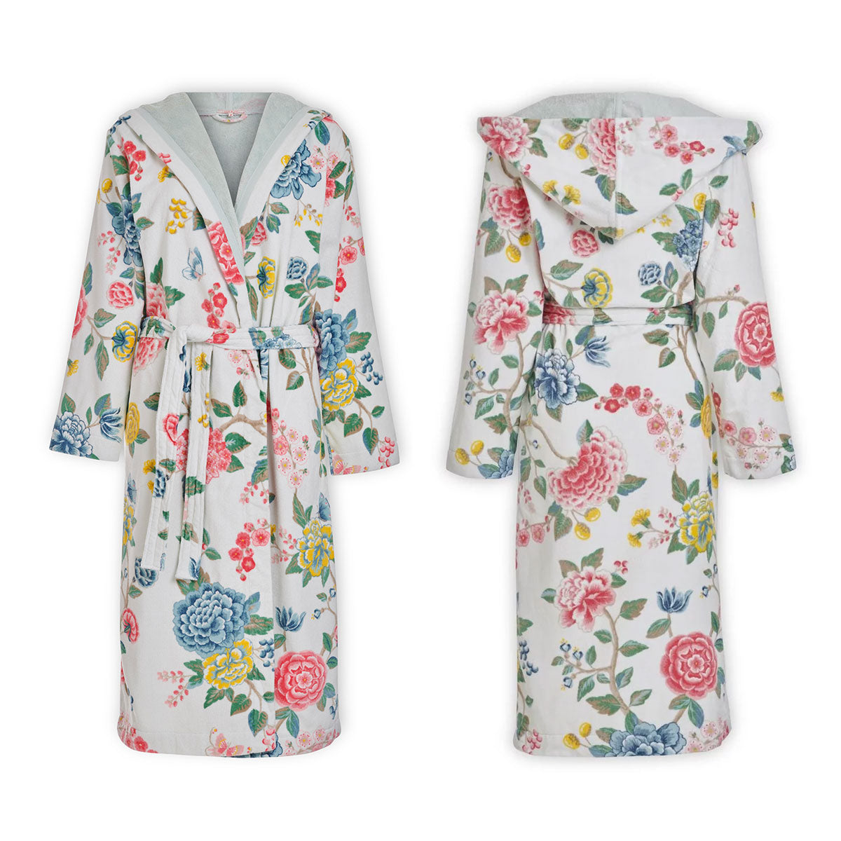 PIP Studio Good Evening Cotton Bath Robe in white with floral design, featuring a tie belt, side pockets, and a hood.