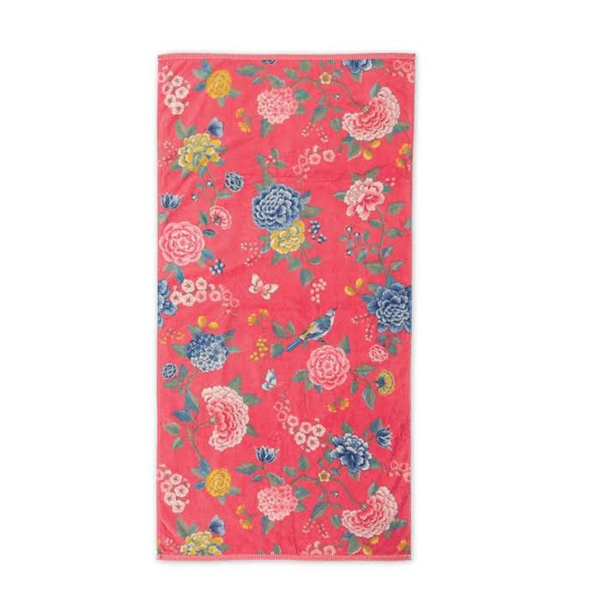 PIP Studio Good Evening Cotton Towel in Coral with floral design, measuring 70 x 140 cm, showcasing vibrant colors.