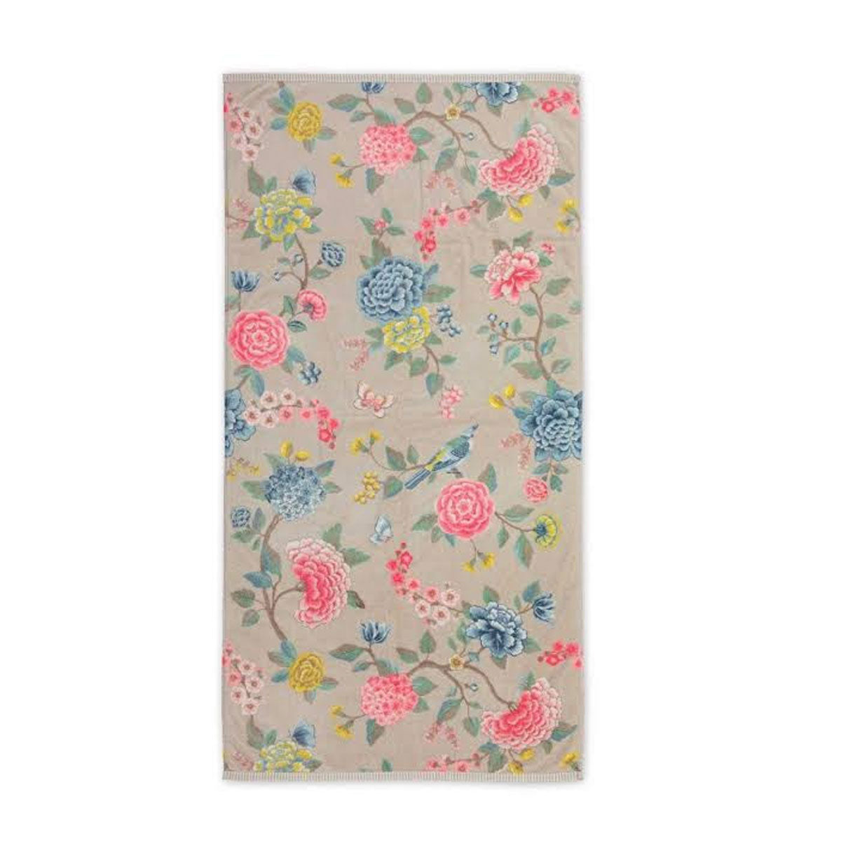 PIP Studio Good Evening Cotton Towel in Khaki with vibrant floral design, measuring 70 x 140 cm, made from 100% absorbent cotton.