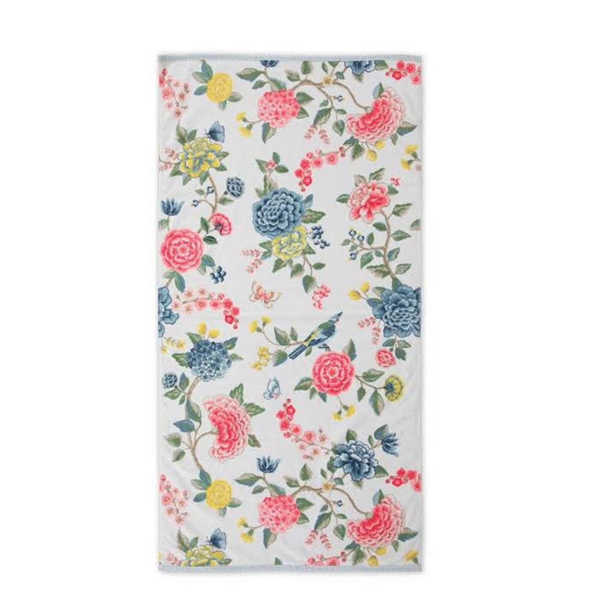 PIP Studio Good Evening Cotton Towel in White with colorful floral print, measuring 70 x 140 cm, made from soft and absorbent cotton.