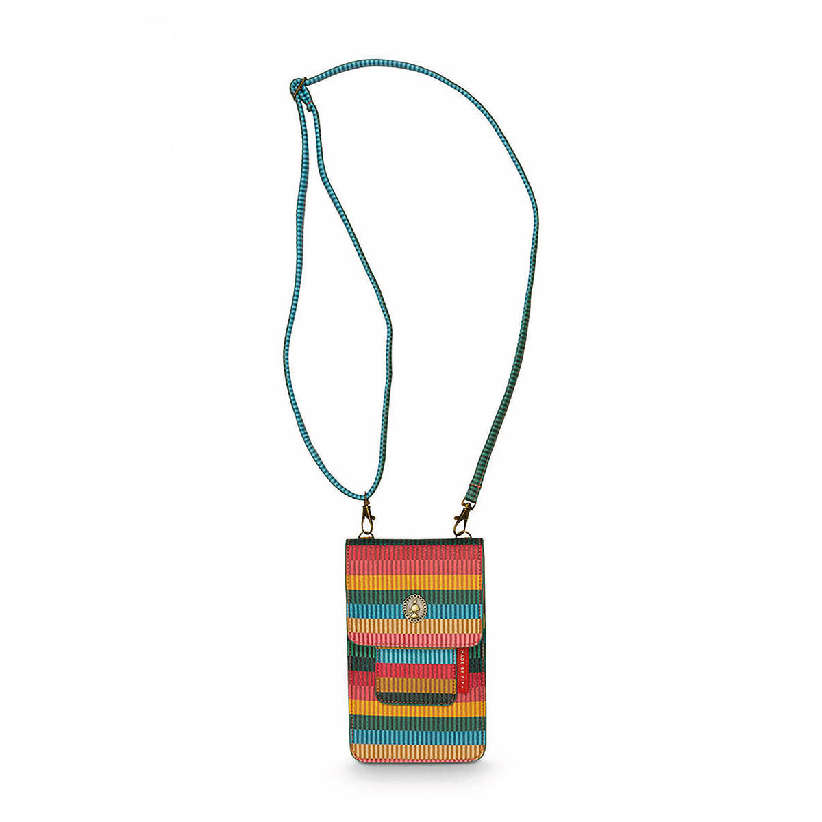 PIP Studio Jacquard Stripe Multi Phone Bag featuring vibrant colors and adjustable strap, perfect for carrying essentials.