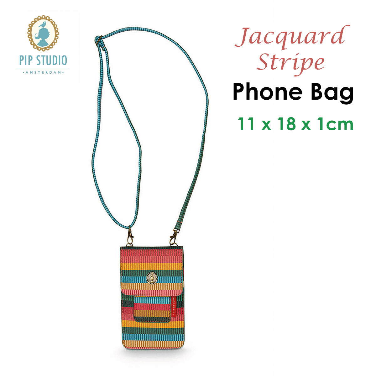 PIP Studio Jacquard Stripe Multi Phone Bag featuring vibrant colors and adjustable strap, perfect for carrying essentials.