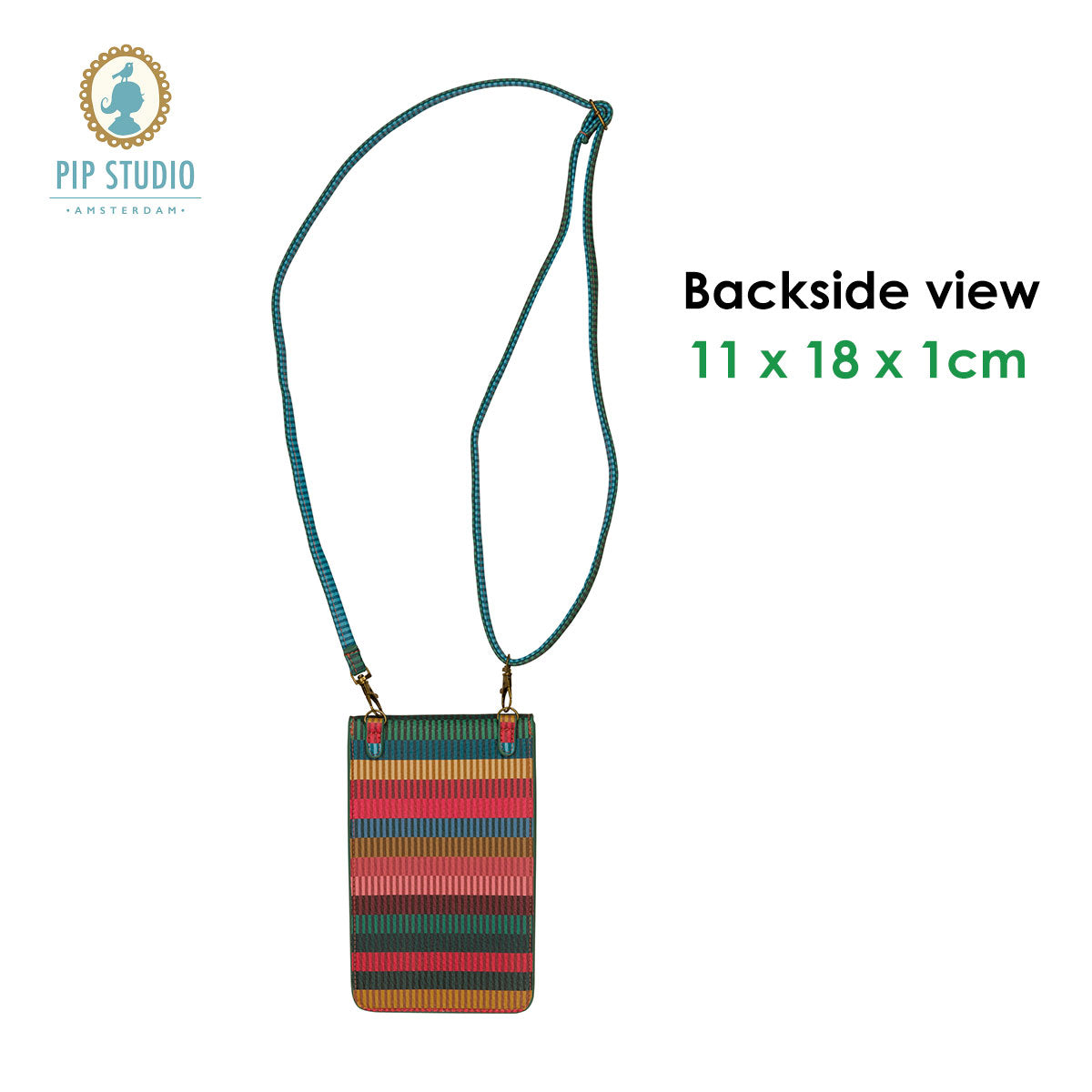 PIP Studio Jacquard Stripe Multi Phone Bag featuring vibrant colors and adjustable strap, perfect for carrying essentials.