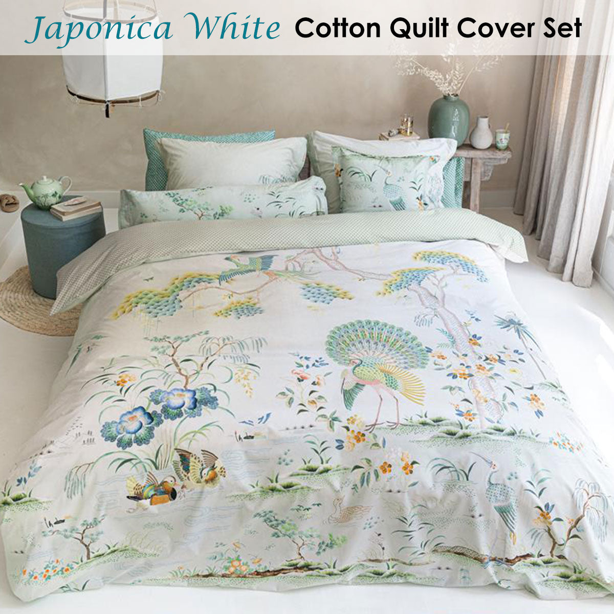 PIP Studio Japonica White Quilt Cover Set featuring floral landscape design with peacock and bird of paradise, made from luxurious 100% cotton.