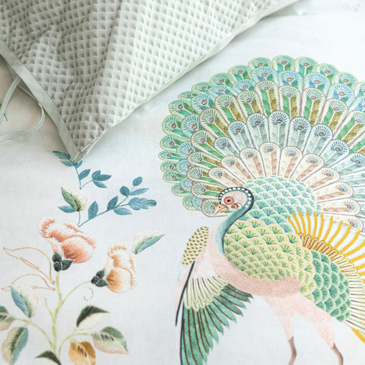 PIP Studio Japonica White Quilt Cover Set featuring floral landscape design with peacock and bird of paradise, made from luxurious 100% cotton.